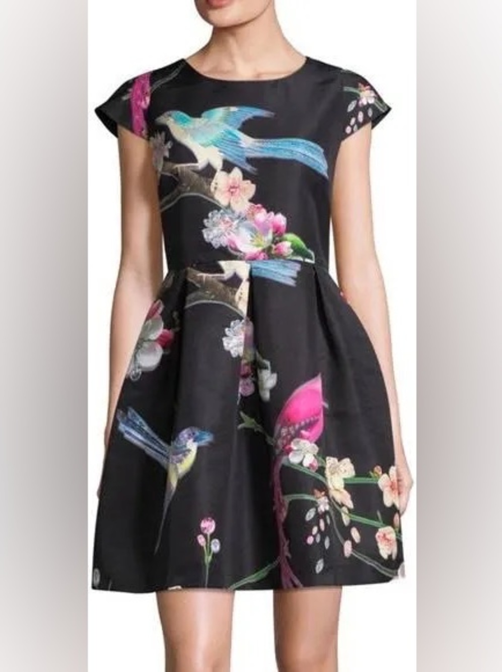Ted Baker Black Floral & Blue Bird Fit-and-Flare Mini Dress